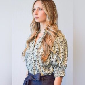 Never a wallflower Gathered Button Down Top Blue Floral blouse green